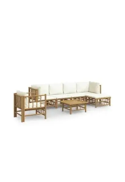 VIDAXL 3155181 Set de sofás con reposapiés y silla para jardín de 7 piezas fabricado en bambú con cojines de color blanco de vidaXL