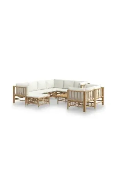 VIDAXL 3155192 Set de sofás y reposapiés para jardín de 10 piezas fabricado en bambú con cojines de color blanco de vidaXL