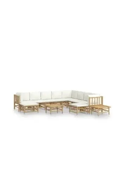 VIDAXL 3155195 Set de sofás y reposapiés para jardín de 12 piezas fabricado en bambú con cojines de color blanco de vidaXL