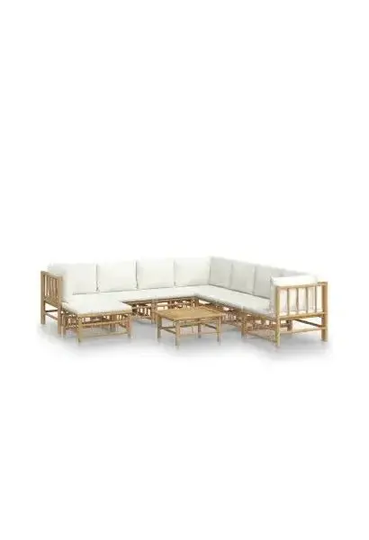 VIDAXL 3155196 Set de sofás y reposapiés para jardín de 9 piezas fabricado en bambú con cojines de color blanco de vidaXL