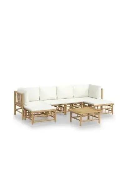 VIDAXL 3155197 Juego de sofá y reposapiés para jardín de 7 piezas fabricado en bambú con cojines de color blanco de vidaXL