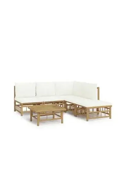 VIDAXL 3155199 Juego de sofás y reposapiés con mesa para jardín de 7 piezas fabricado en bambú con cojines de color blanco de vidaXL