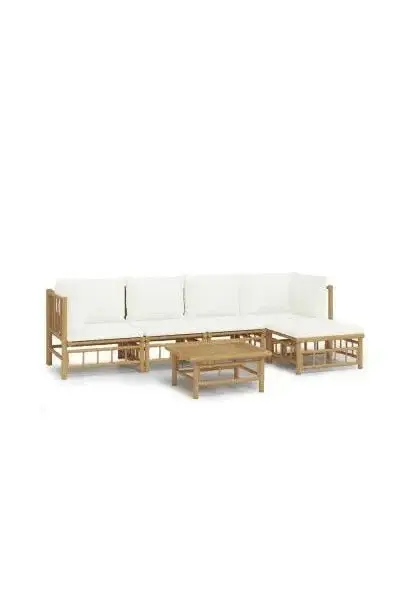VIDAXL 3155200 Juego de sofás y reposapiés con mesa para jardín de 6 piezas fabricado en bambú con cojines de color blanco de vidaXL