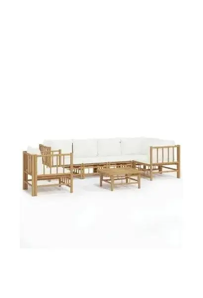 VIDAXL 3155205 Set de sofás y silla con mesa para jardín de 7 piezas fabricado en bambú con cojines de color blanco de vidaXL