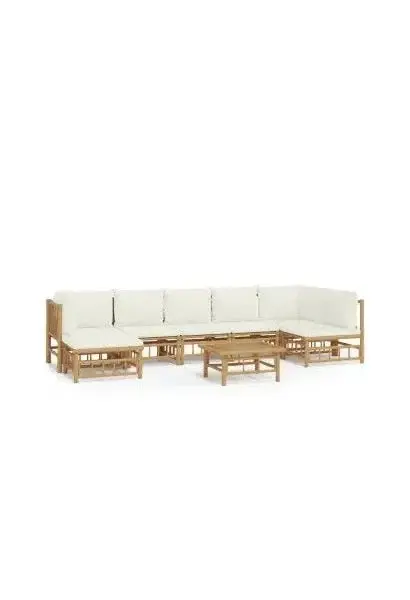 VIDAXL 3155206 Set de sofás y reposapiés con mesa para jardín de 8 piezas fabricado en bambú con cojines de color blanco de vidaXL