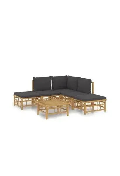 VIDAXL 3155207 Set de sofás y reposapiés con mesa para jardín de 6 piezas fabricado en bambú con cojines Grises de vidaXL