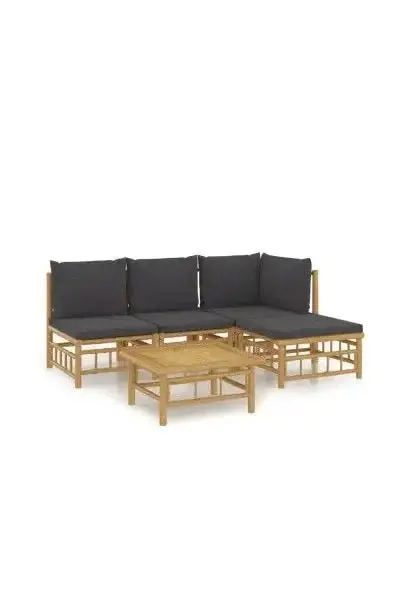 VIDAXL 3155209 Set de sofás y reposapiés con mesa para jardín de 5 piezas fabricado en bambú con cojines Grises de vidaXL