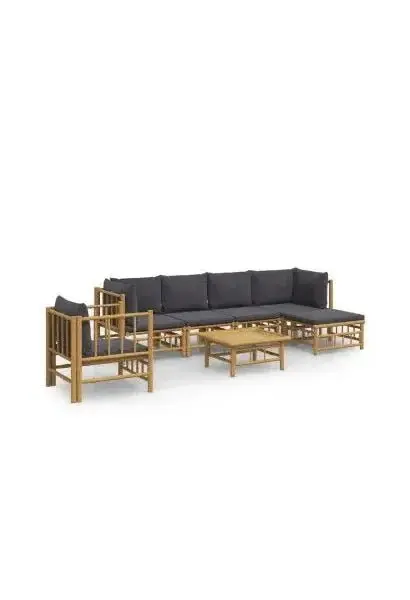 VIDAXL 3155213 Set de sofás y silla con reposapiés para jardín de 7 piezas fabricado en bambú con cojines Grises de vidaXL