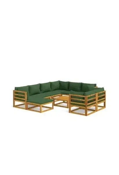 VIDAXL 3155323 Set de sofás con reposapiés para jardín de 10 piezas fabricado en madera de acacia con cojines Verdes de vidaXL