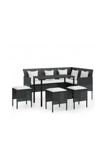 VIDAXL 318578 Conjunto de muebles de mesa de centro y sofá en L con taburetes de ratán sintético negro 7 plazas de vidaXL