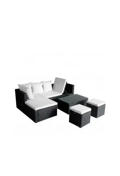 VIDAXL 42586 Conjunto de muebles de exterior 4 piezas de acero y ratán sintético negro con cojines Blancos de vidaXL
