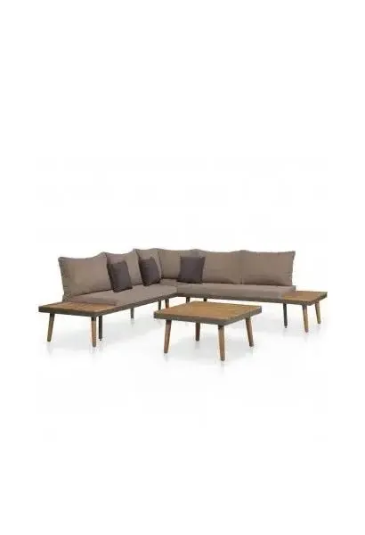 VIDAXL 44240 Juego de muebles de jardín fabricados en acero y madera de acacia con cojines marrones y Grises de vidaXL