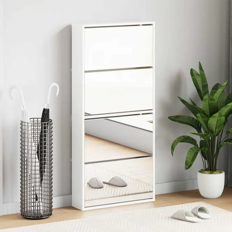 Zapatero con espejo 4 niveles blanco brillo 63x17x134 cm