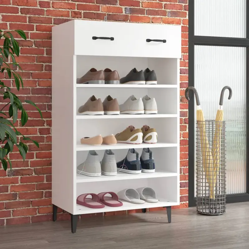 Zapatero de madera contrachapada blanco 60x35x105 cm