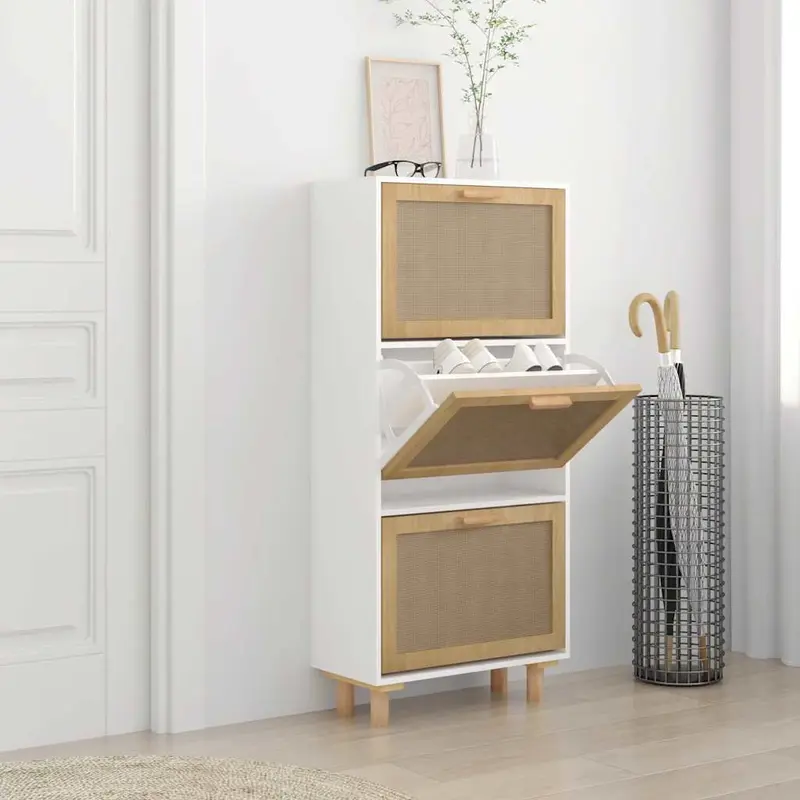 Zapatero madera contrachapada blanco ratán natural 52x25x115 cm